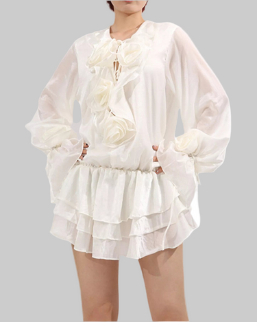 Flower Ruffled Long Sleeve Dress